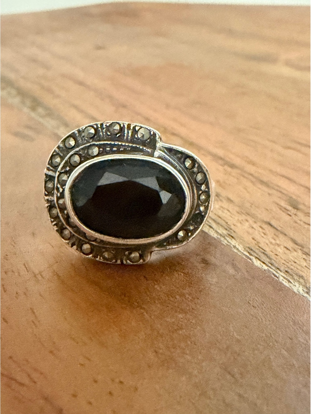 Vintage Sterling Marcasite and Onyx Ring .2 oz Size 6 1/2
